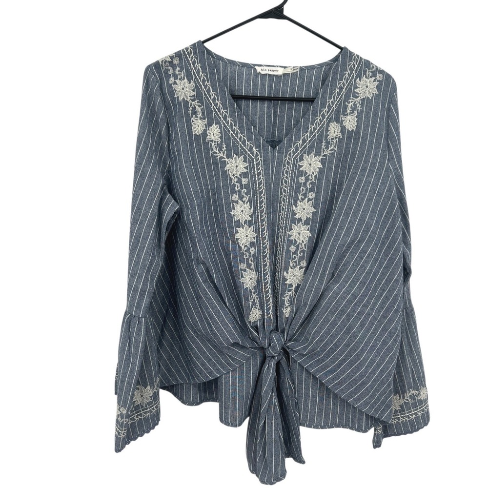 Embroidered Linen Blend Blouse M Blue Pinstripe Tie Front‎ Boho Earthy Artsy